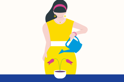 woman watering ovary-shaped plant, illustrating women's health