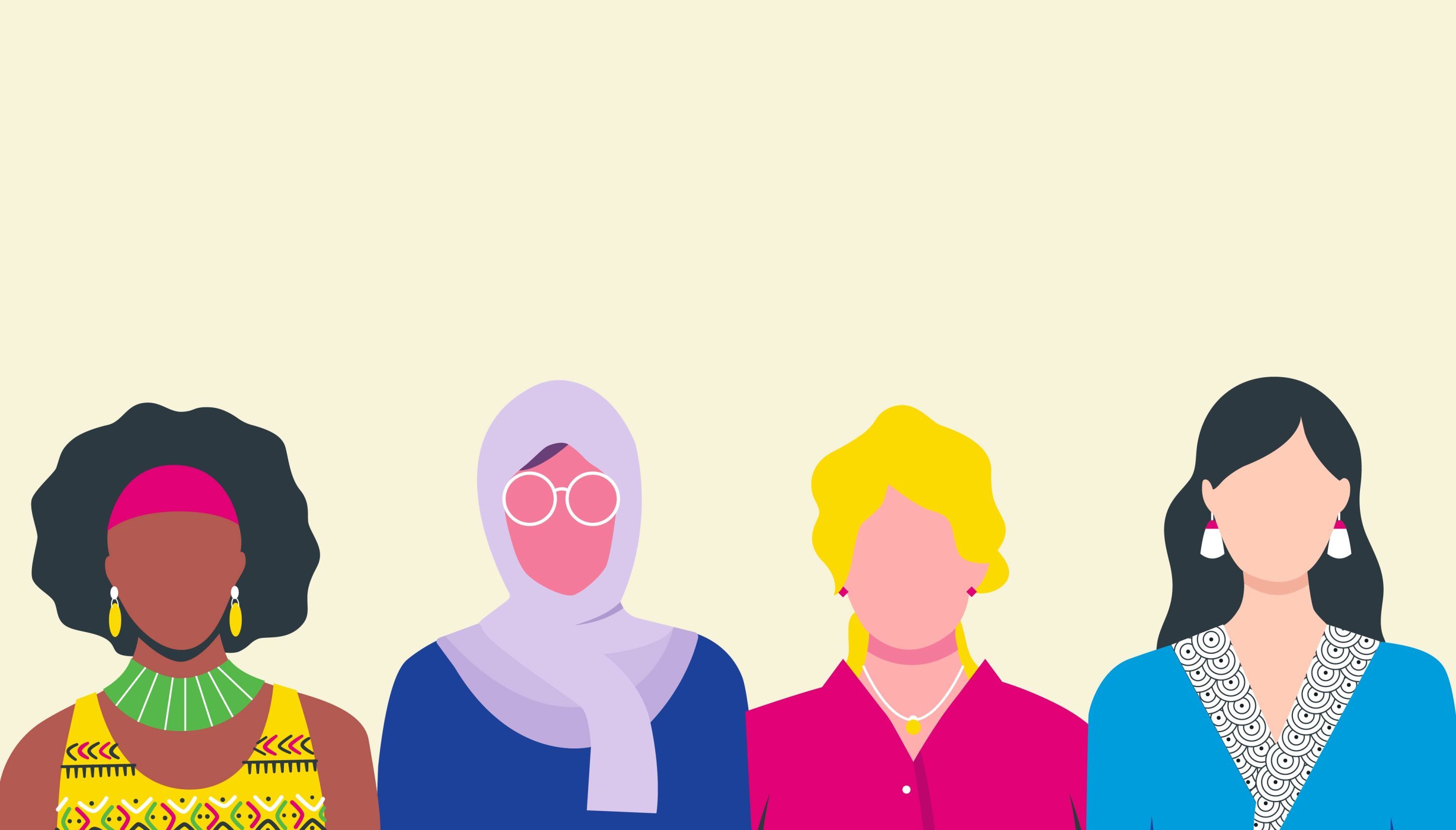Group of four women, yellow background