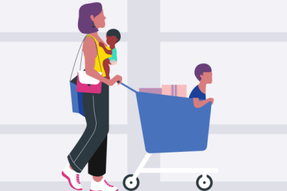 Illustration einer Frau mit zwei Kindern beim Einkaufen.