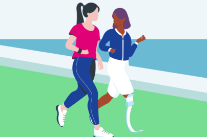Illustration zweier Frauen, die miteinander laufen. Eine der beiden trägt eine Beinprothese.