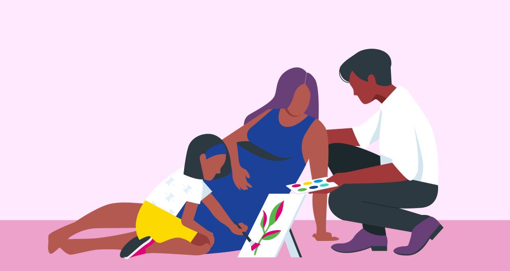 Illustration einer jungen Familie. Das Kind im Vordergrund malt ein Bild.