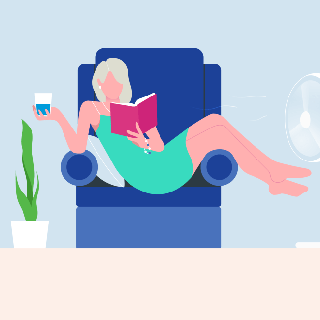 Organon Illustration einer Frau im Sessel, entspannt lesend