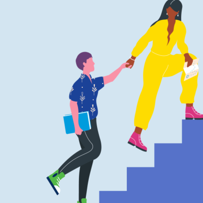 Organon Illustration zweier Menschen, die einander helfen, eine Treppe hinaufzugehen
