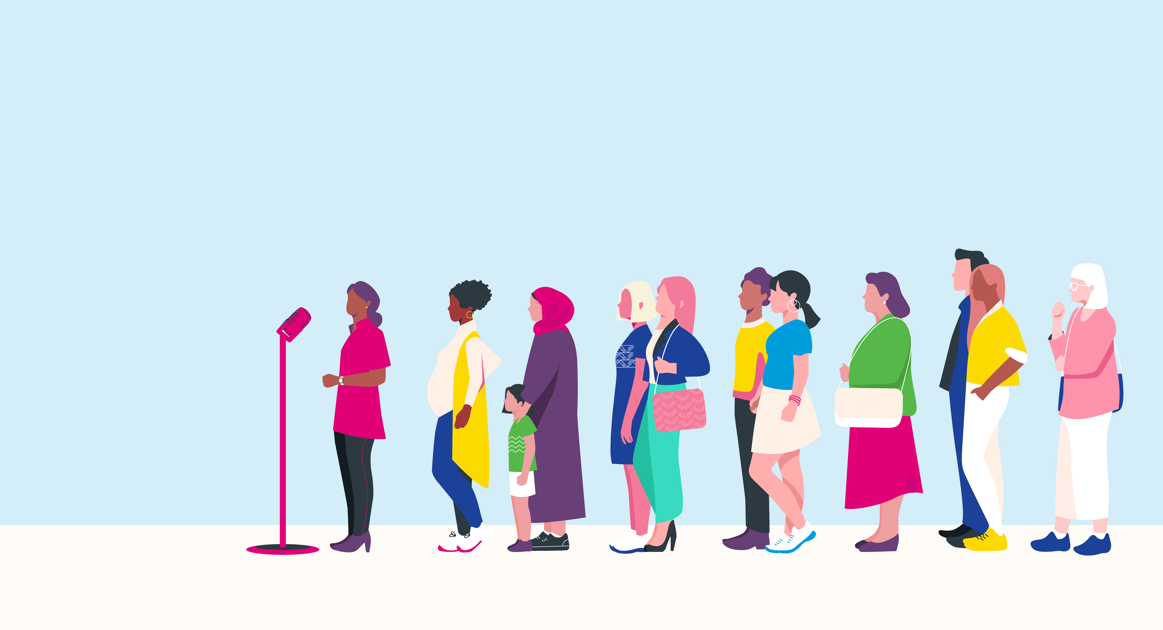 Organon Illustration einer Gruppe von Frauen, die hintereinander vor einem Mikrophon anstehen