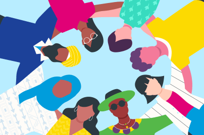 Illustration von acht Personen unterschiedlicher Ethnizität und unterschiedlichen Geschlechts, die miteinander einen Kreis bilden.