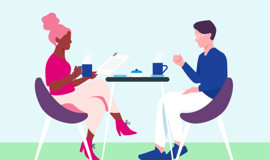 Organon Illustration einer Gesprächssituation zweier Personen.