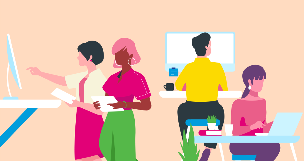 Organon Illustration einer alltäglichen Arbeitssituation in einem Großraumbüro.