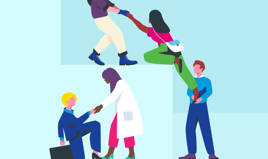 Illustration unterschiedlicher Personen, die einander aufwärts helfen