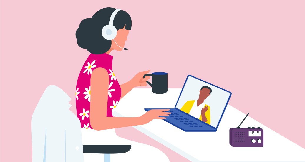 Illustration einer Frau mit Headset, die an einer Videokonferenz teilnimmt
