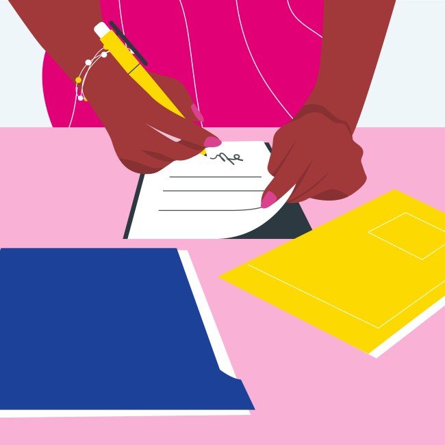 Organon Illustration einer Frau, die Formulare ausfüllt