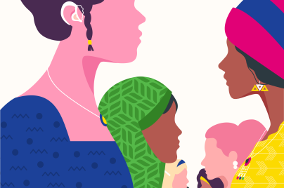 Illustration of two rows of women of diverse cultural backgrounds facing each other on beige background representing ESG policy