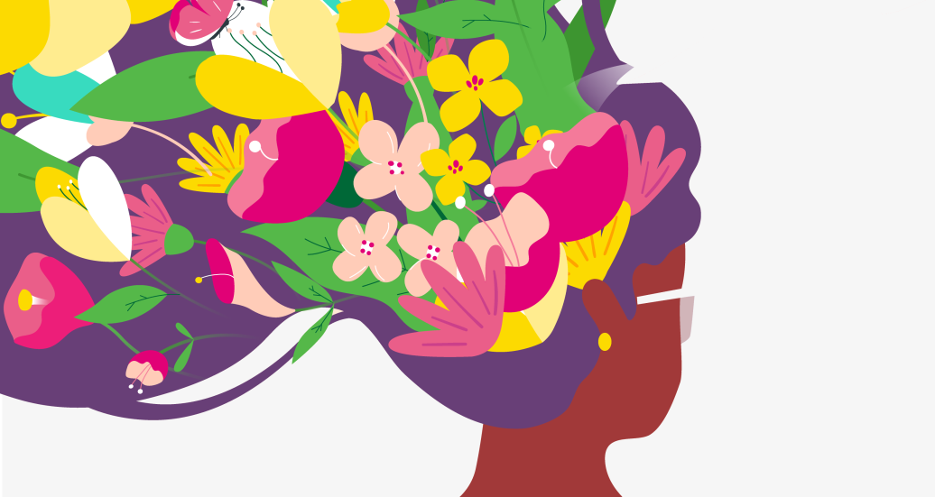 Illustration of back of woman with flowers in hair against grey background representing the social aspect of the ESG platform