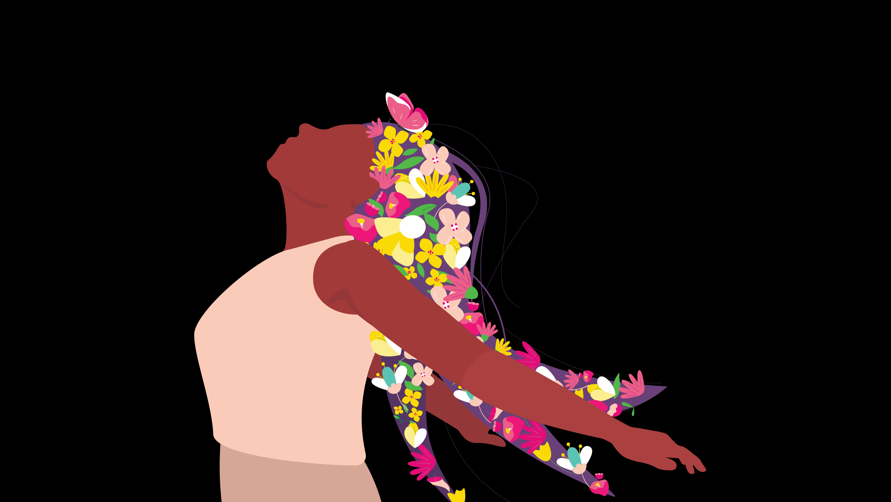 Illustration of woman with flowers in hair, head tilted back, in profile, against black background, representing the embodiment of Environmental, Social and Governance.