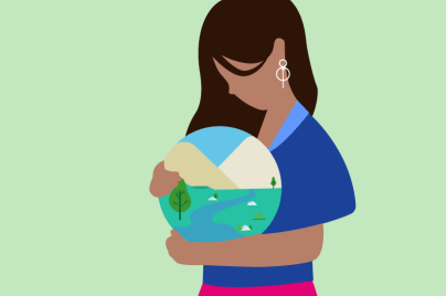 Illustration of woman cradling globe with scene of stream and mountains representing the environmental aspects of the ESG framework
