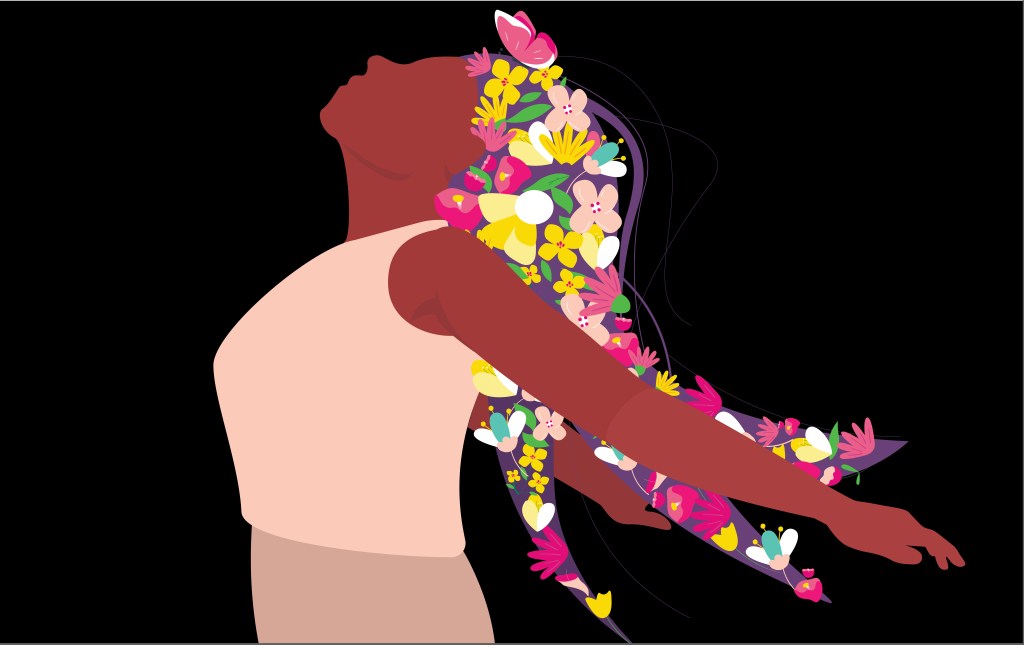 illustration of woman with hair made of flowers