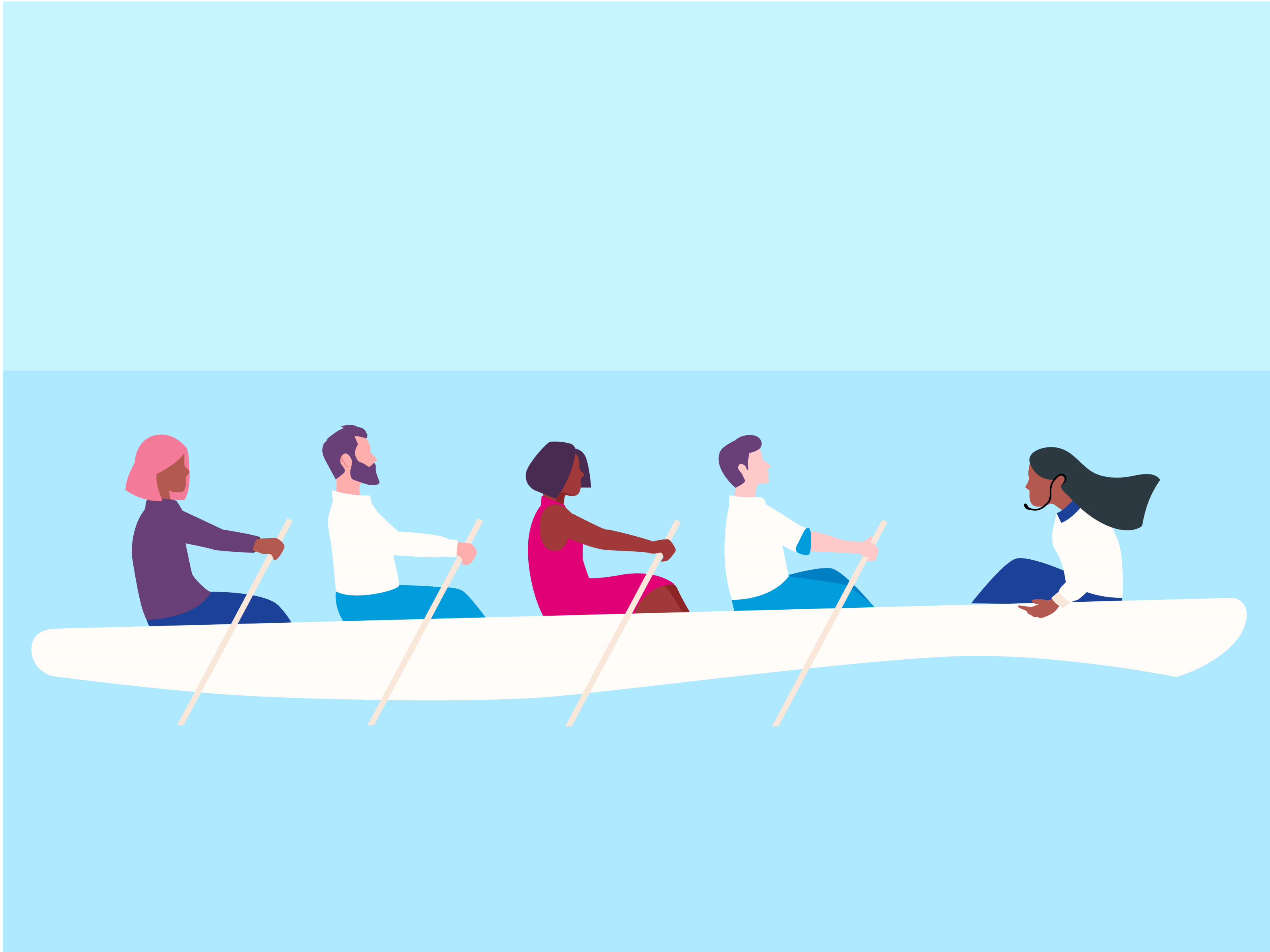Illustration of men and women rowing a boat together representing pay equity