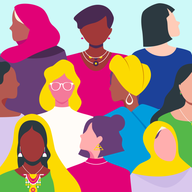 diverse women standing in 3 rows shoulder to shoulder