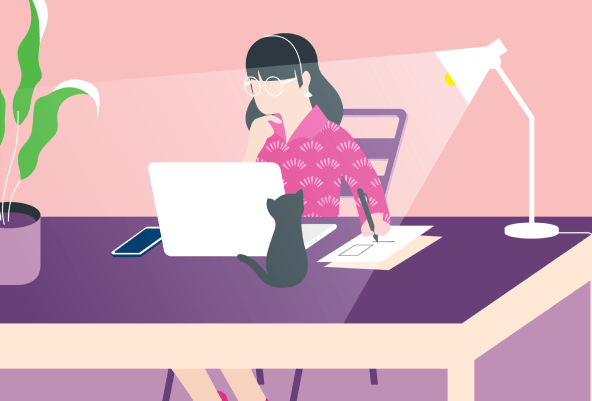 Woman at a desk with a computer and a lamp