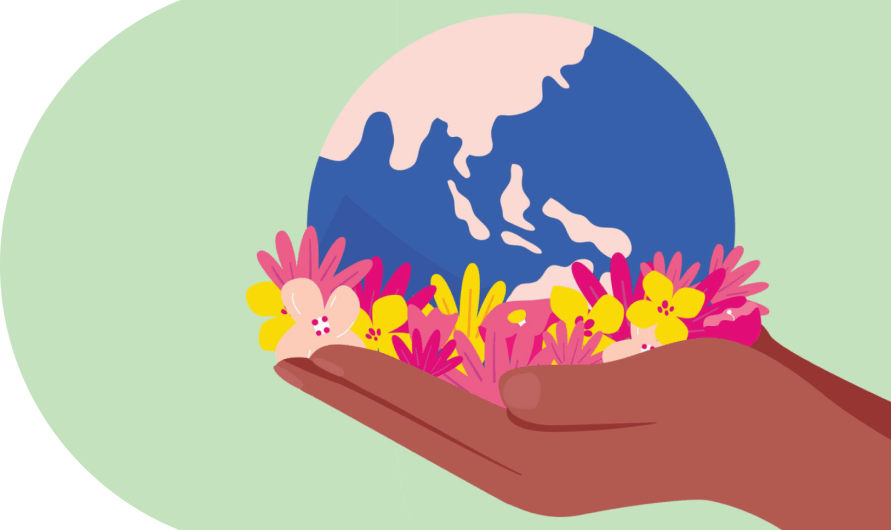 illustration of hands holding a globe on a bed of flowers