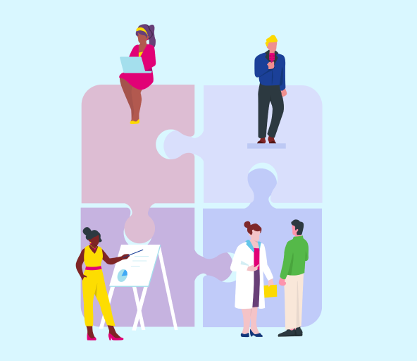 Group of men and women and puzzle pieces representing research and development and medical progress