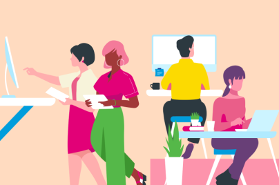 illustration of multiple folks in a work environment