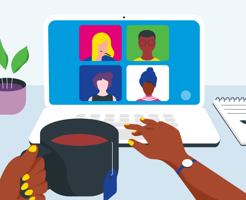 illustration of a person taking a remote meeting with a cup of tea