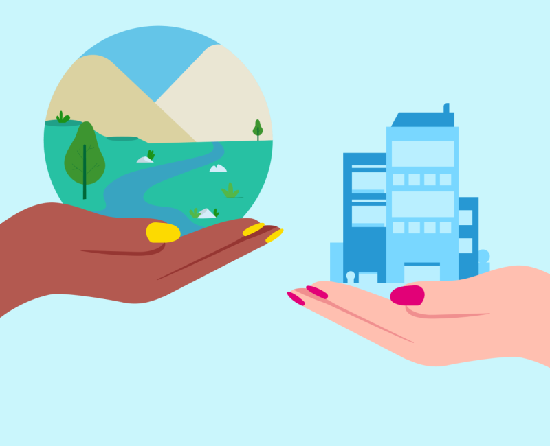 One hand holding an orb showing a green earth and sky beside another hand holding a building representing the environment and industry