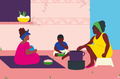 illustration of two women and a child preparing food