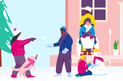 illustration of multiple folks and a dog in a winter outdoor scene