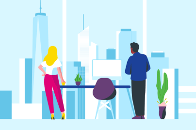 illustration of two folks looking at a city view from an office
