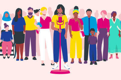illustration of various folks around a single microphone