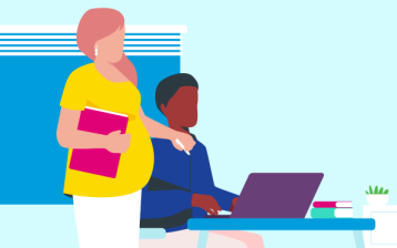Pregnant woman and man at computer 