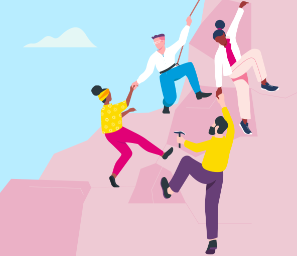 illustration of various people helping each other up a mountain representing talent development