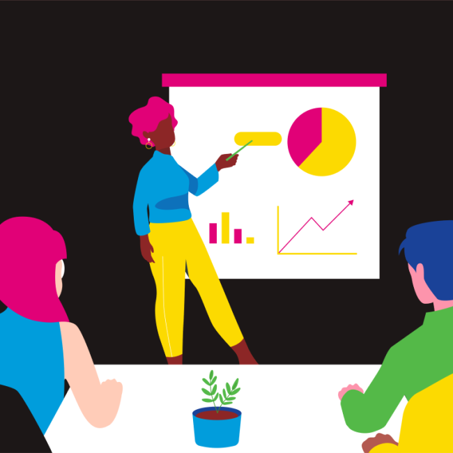 Illustration of woman presenting to group of individuals seated at boardroom table