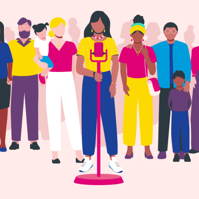 Illustration d'un groupe de personnes de tout horizon devant un micro