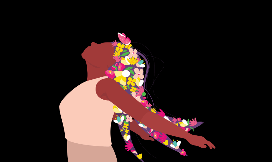 Illustration of woman with flowers in hair, head tilted back, in profile, against black background, representing the embodiment of Environmental, Social and Governance.