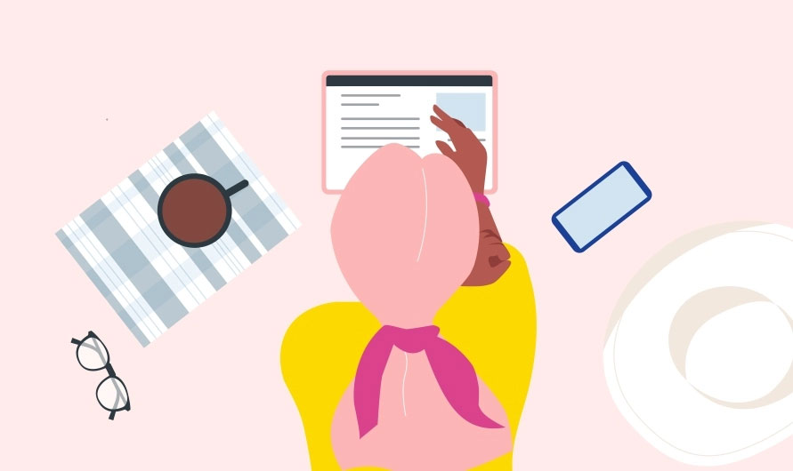 Illustration en flat d’une jeune femme lisant la presse sur iPad et papier