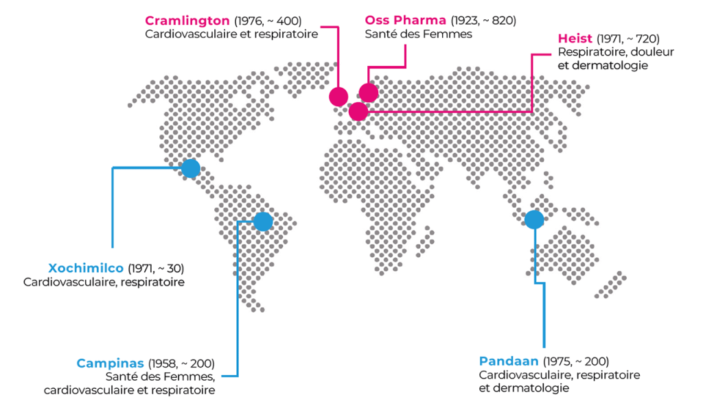 Les 6 sites industriels d’Organon : Cramlington (UK), Xochimilico (Mexique), Campinas (Brésil), Heist (Belgique), Oss (Pays-Bas), Pandann (Indonésie)