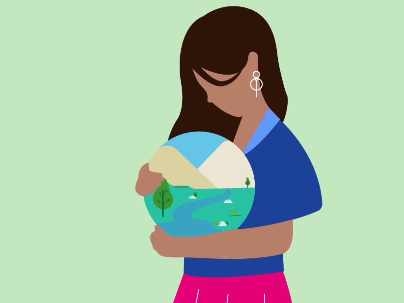 Illustration of woman cradling globe with scene of stream and mountains representing the environmental aspects of the ESG framework