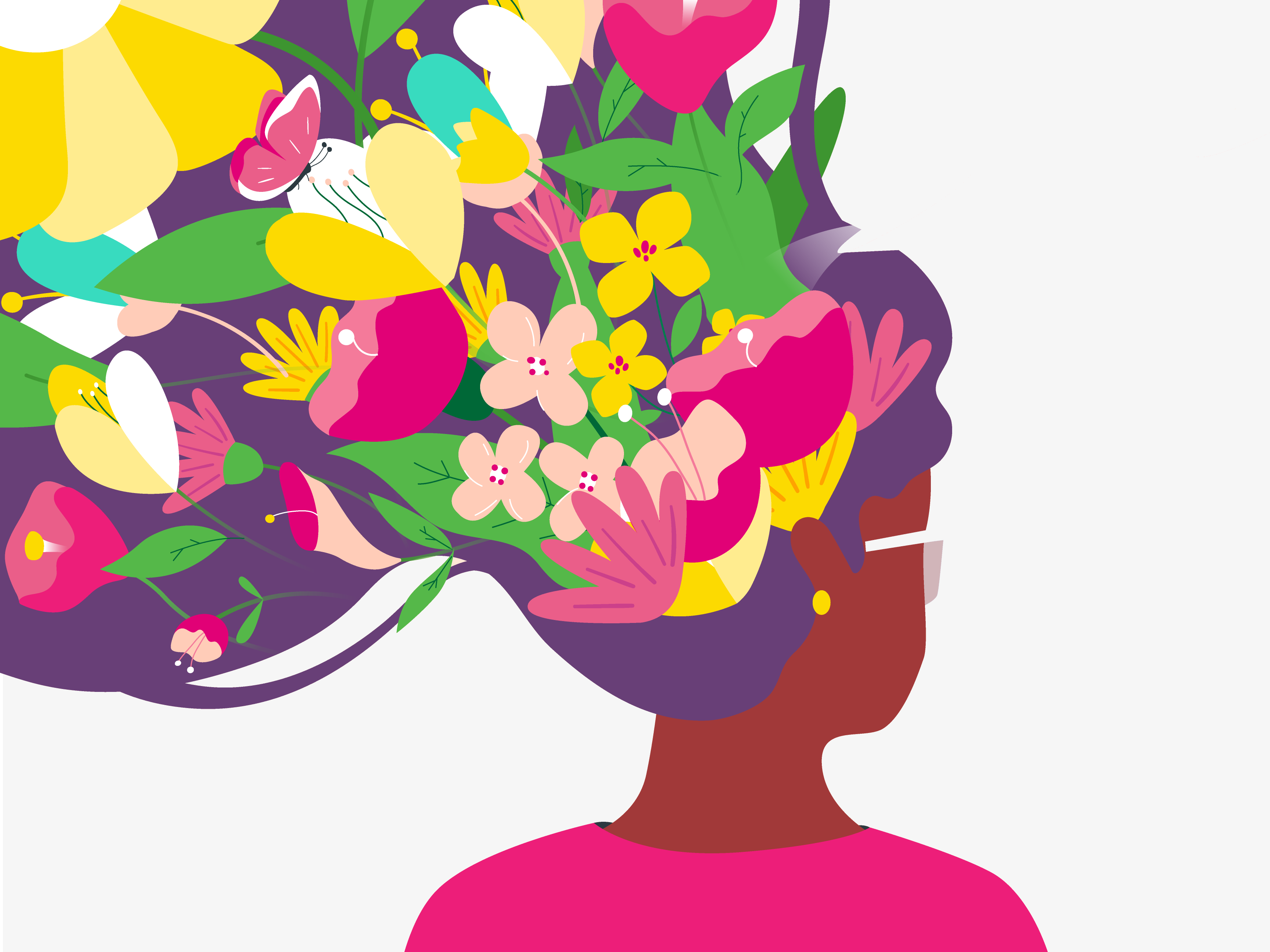 Illustration of back of woman with flowers in hair against grey background representing the social aspect of the ESG platform