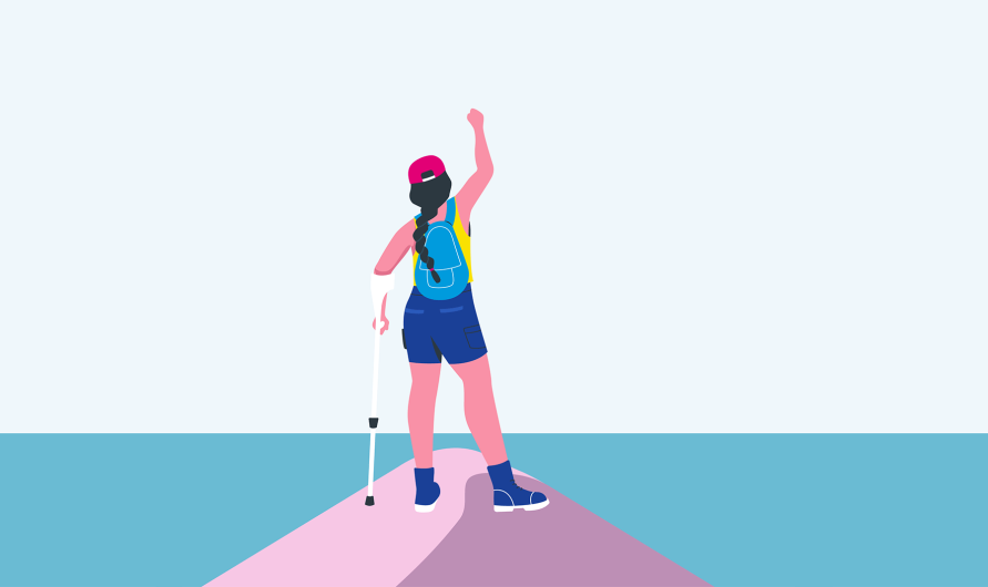 Illustration d'une jeune femme avec une béquille le point levé