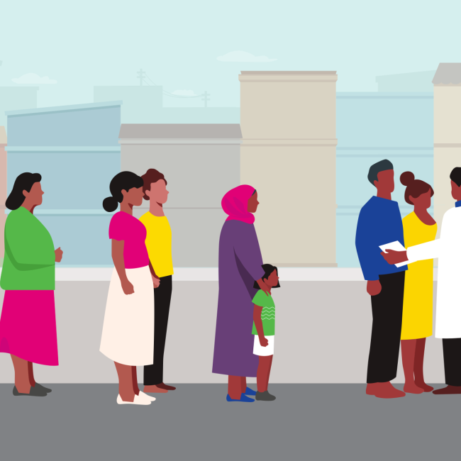 Illustration de familles faisant la queue pour rencontrer un médecin