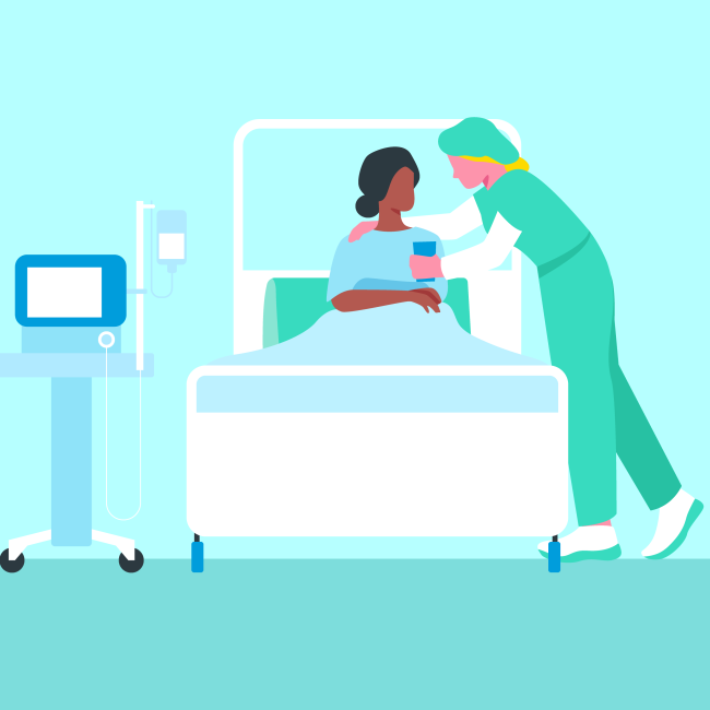 Illustration de soins apportés à une femme sur son lit d'hôpital