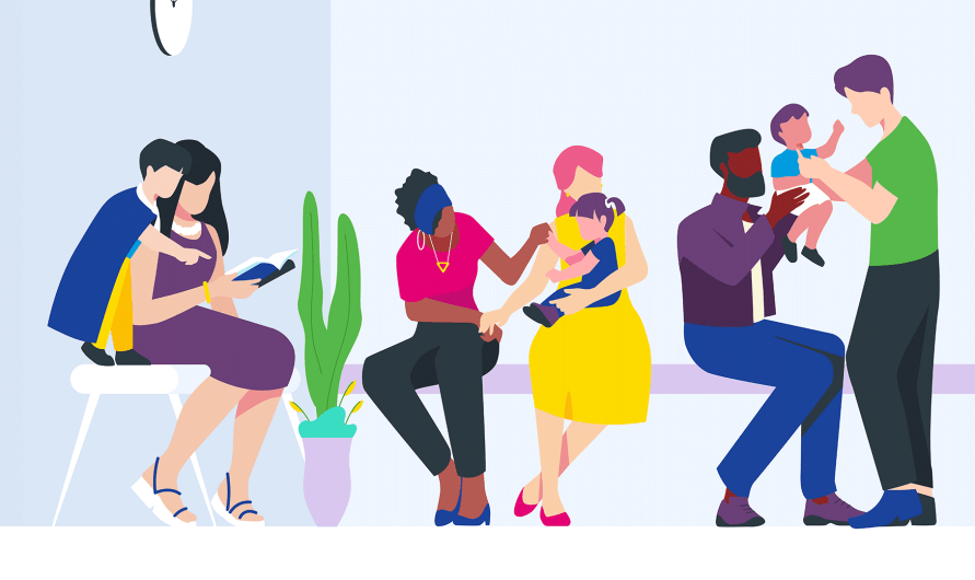 Parents et enfants dans une salle d'attente