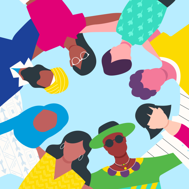 Illustration von acht Personen unterschiedlicher Ethnizität und unterschiedlichen Geschlechts, die miteinander einen Kreis bilden.
