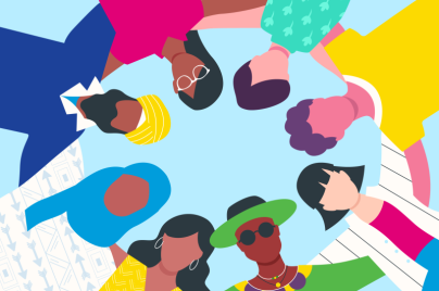 Organon Illustration von acht Personen unterschiedlicher Ethnizität und unterschiedlichen Geschlechts, die miteinander einen Kreis bilden.