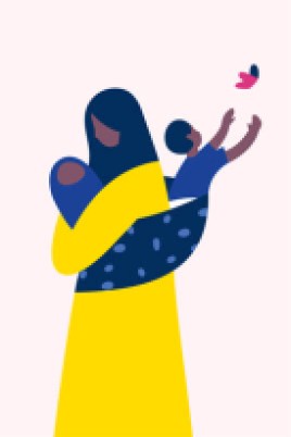 Organon Illustration einer Frau, die ein Baby und ein Kleinkund auf dem Arm trägt