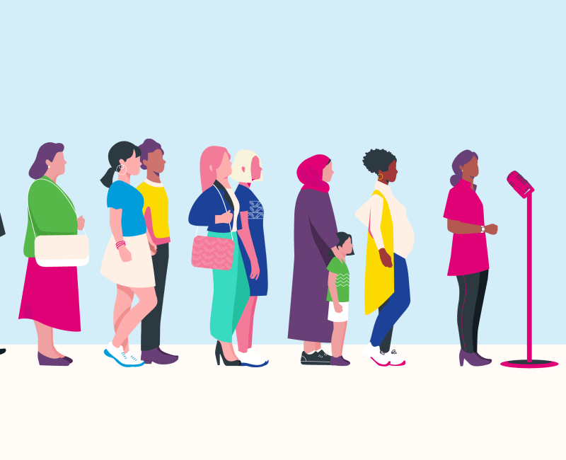 Organon Illustration einer Gruppe von Frauen, die hintereinander vor einem Mikrophon anstehen