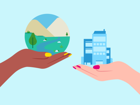 Illustration of one hand holding globe with scene of stream and mountains and a second hand holding a building representing ESG efforts at sustainability