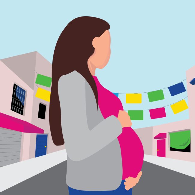 Illustration of pregnant woman in city street representing women's health